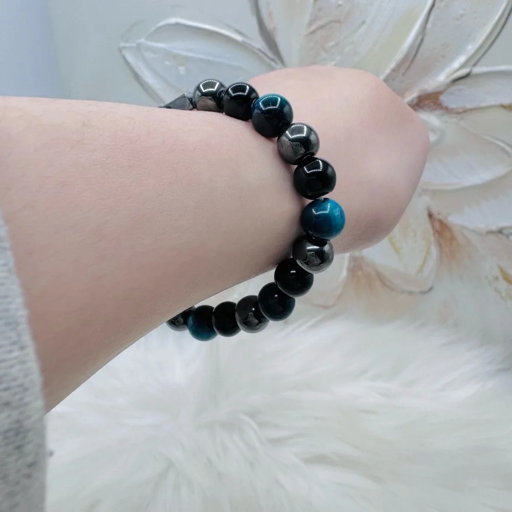 Tiger Eye mix, Blue and Black Beaded Cross Bracelet - Women’s Jewelry
